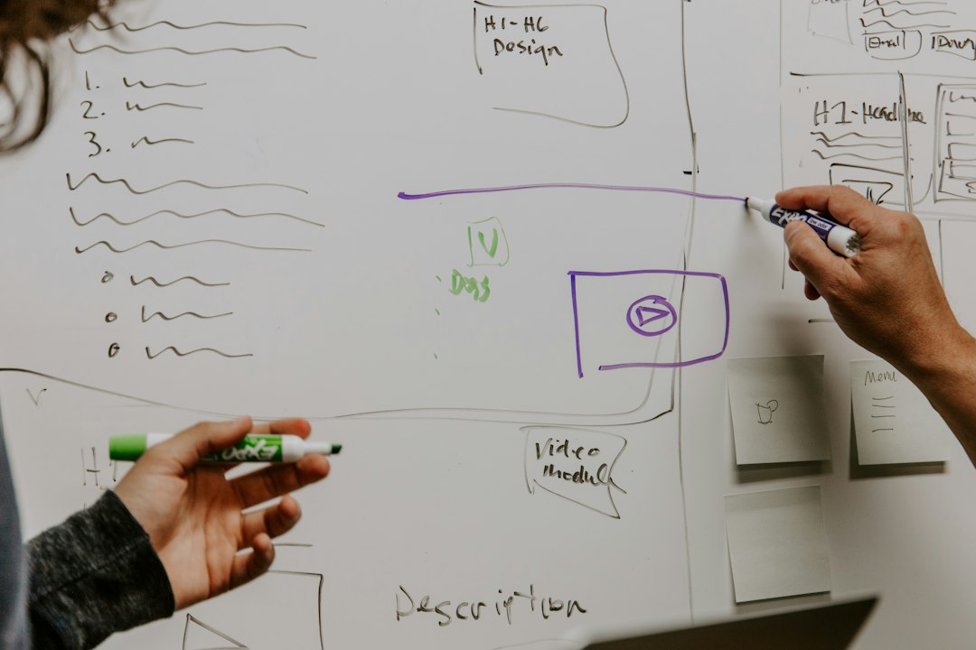 Two people planning a strategy on a whiteboard